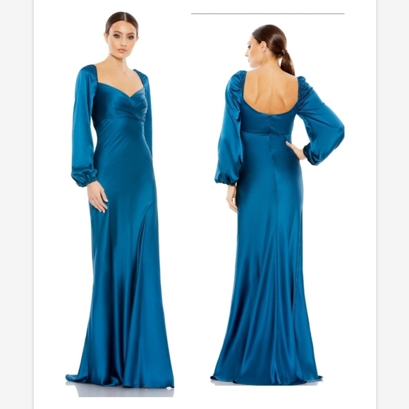 NWT Ieena Mac Duggal 495191 Empire Waist Bishop Sleeve Ocean Blue Sz 12 - Picture 1 of 13